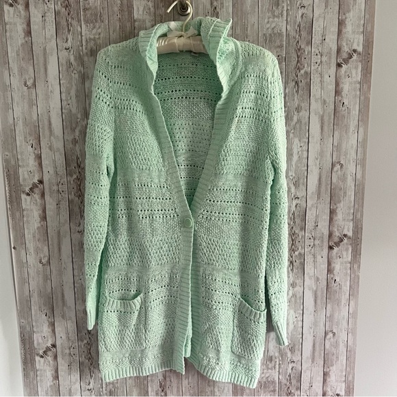 L.L. Bean Sweaters - L.L. Bean Knit Mint Green Women's Cardigan Hooded Boho Granola Gorpcore Cotton M